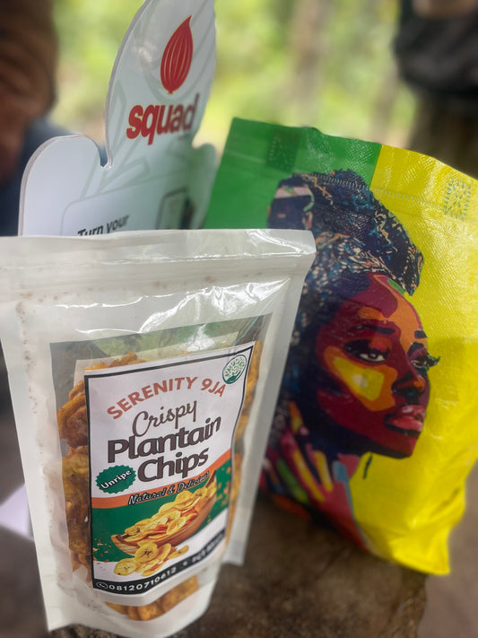 Serenity-9ja-Crispy-Unripe-Plantain-Chips-Healthy-Executive-Snack-Nigeria
Nutrition Facts (per serving): 120 calories, 3g protein, 5g fibre. Scan the back for a full breakdown.