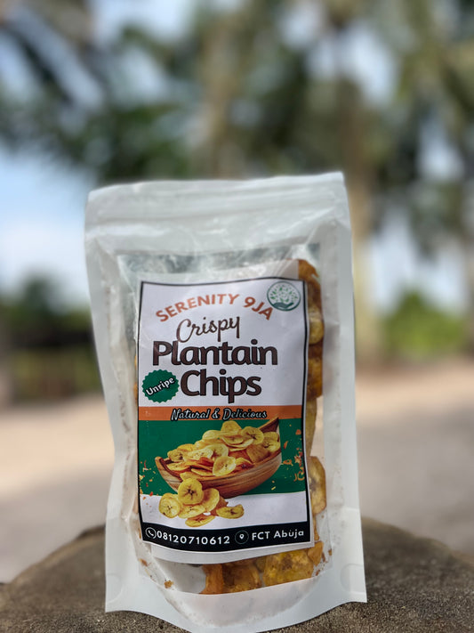 Serenity-9ja-Crispy-Unripe-Plantain-Chips-Healthy-Executive-Snack-Nigeria

Nutrition Facts (per serving): 120 calories, 3g protein, 5g fibre. Scan the back for a full breakdown.