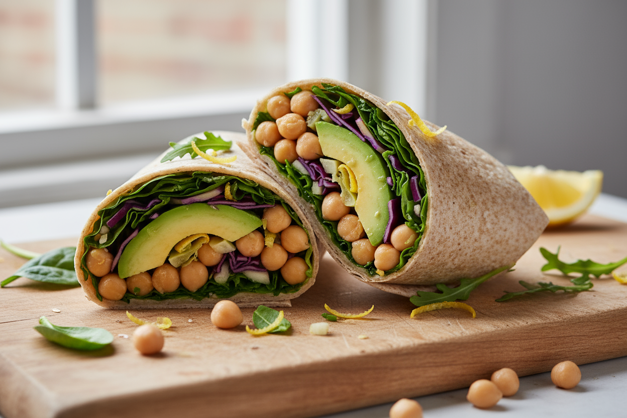 Zesty Energising Chickpea Salad Wrap: chickpeas, creamy avocado, zesty lemon juice, a whole-grain tortilla, and crisp mixed greens.